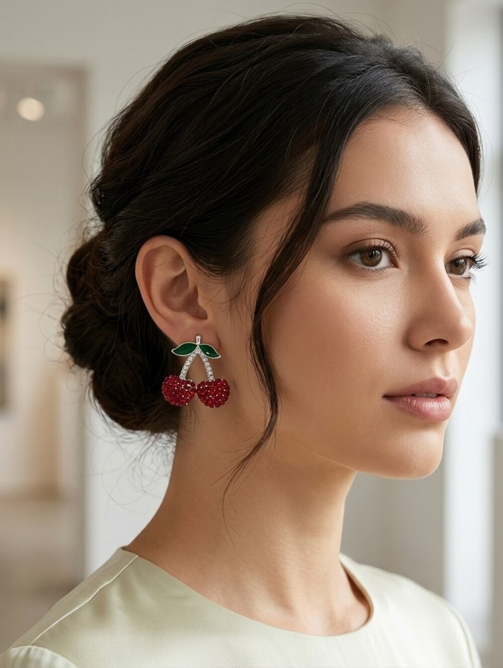 Pastels Red Cherry Crystal Earrings with Green Enamel Leaves